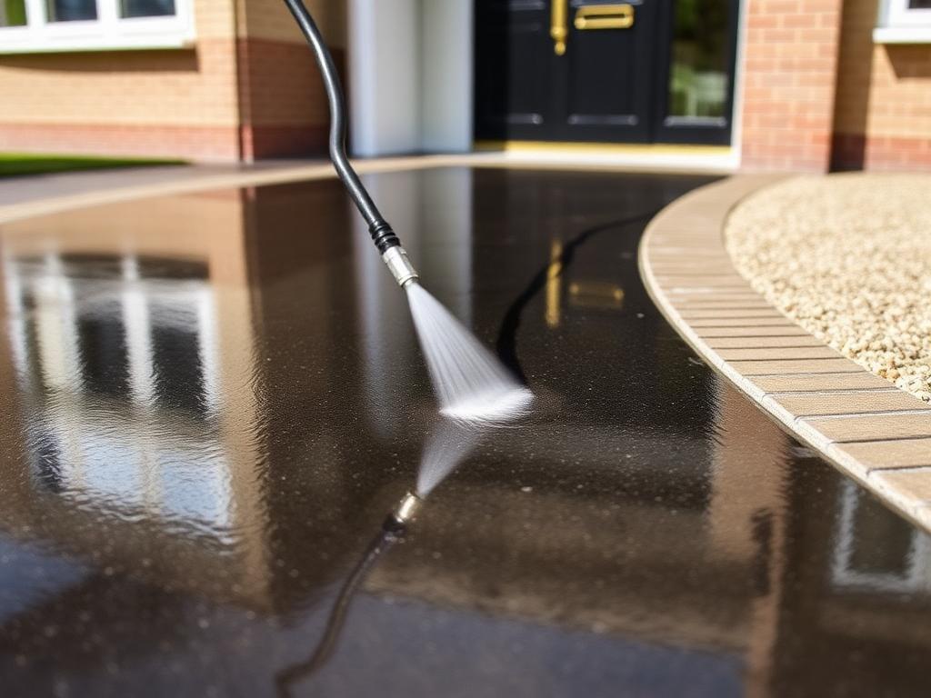 Professional driveway cleaning and surface restoration, pressure washing a resin bound driveway to restore finish and protect the surface