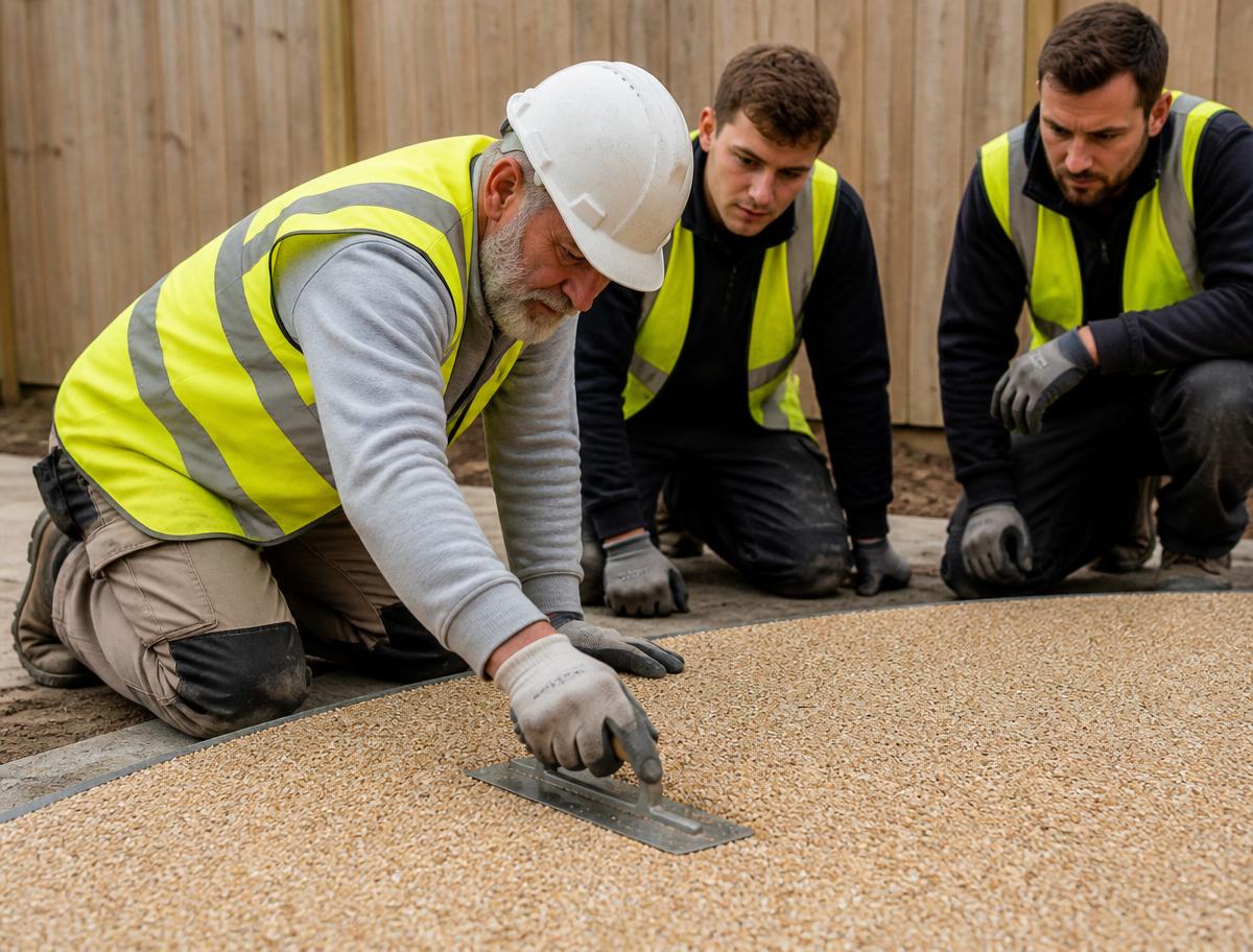 Hands-on resin bound installer training with instructors demonstrating trowel techniques and sub-base engineering best practice